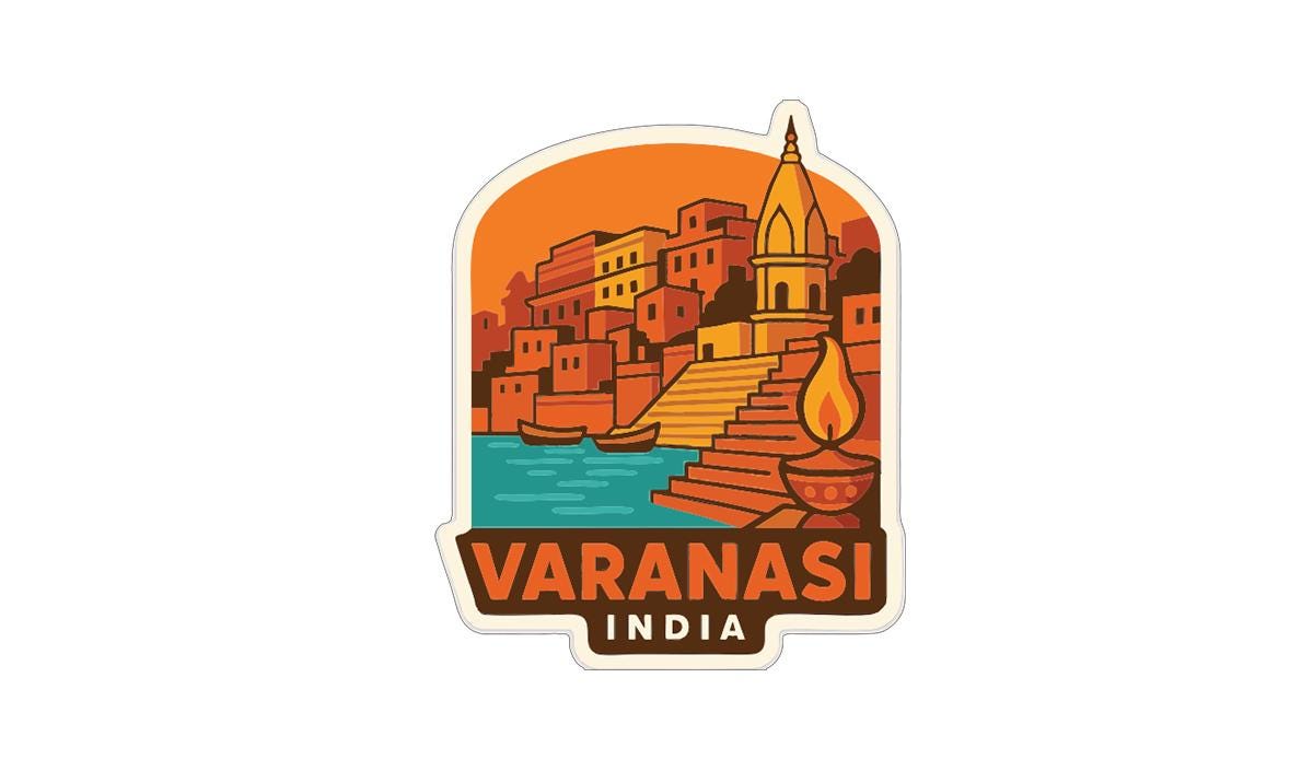 a sticker or emblem with an illustration of a cityscape and a temple, along with the text "VARANASI INDIA".