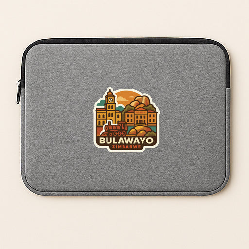 A gray laptop sleeve with a sticker depicting the city of Bulawayo, Zimbabwe.