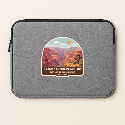 A gray laptop sleeve with a graphic design depicting the Grand Canyon-Parasht National Monument in Arizona.