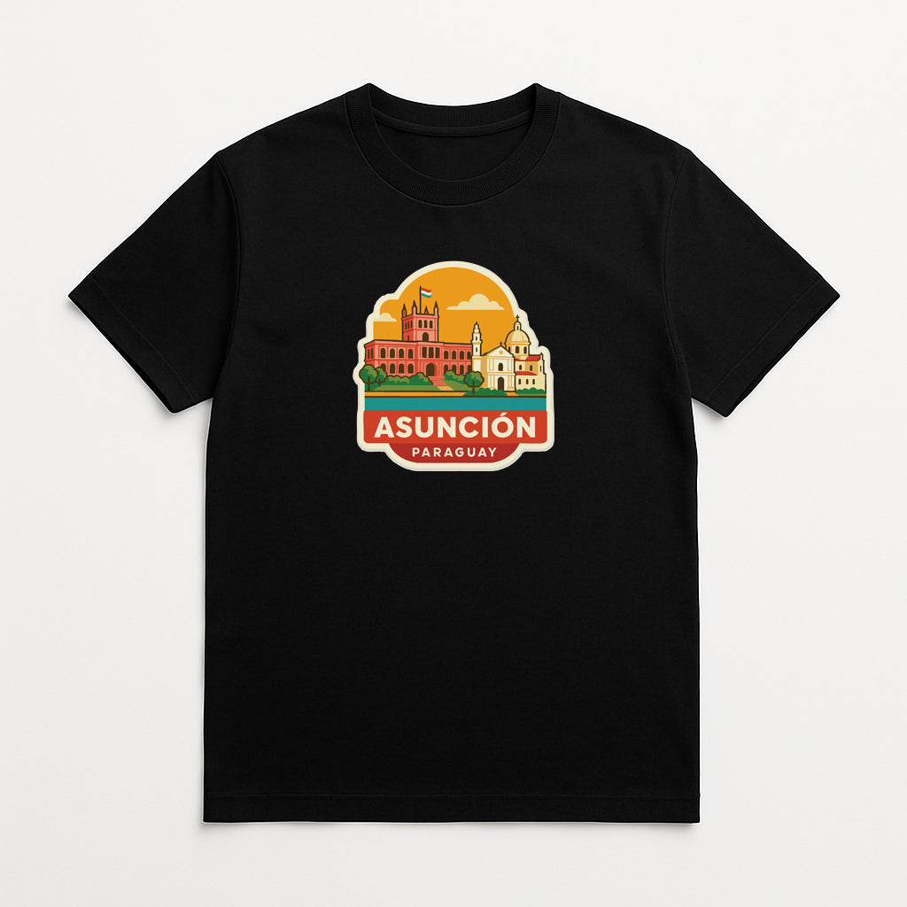 A black t-shirt with a graphic design depicting a cityscape and the text "Asuncion Paraguay" printed on it.