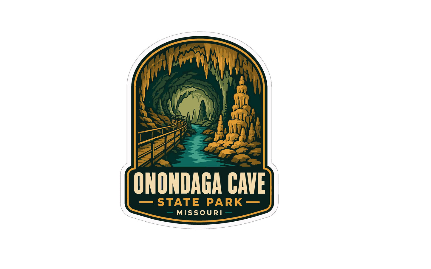 A sticker depicting the Onondaga Cave State Park in Missouri, featuring a cave entrance, a path leading into the cave, and a river flowing through the cave.