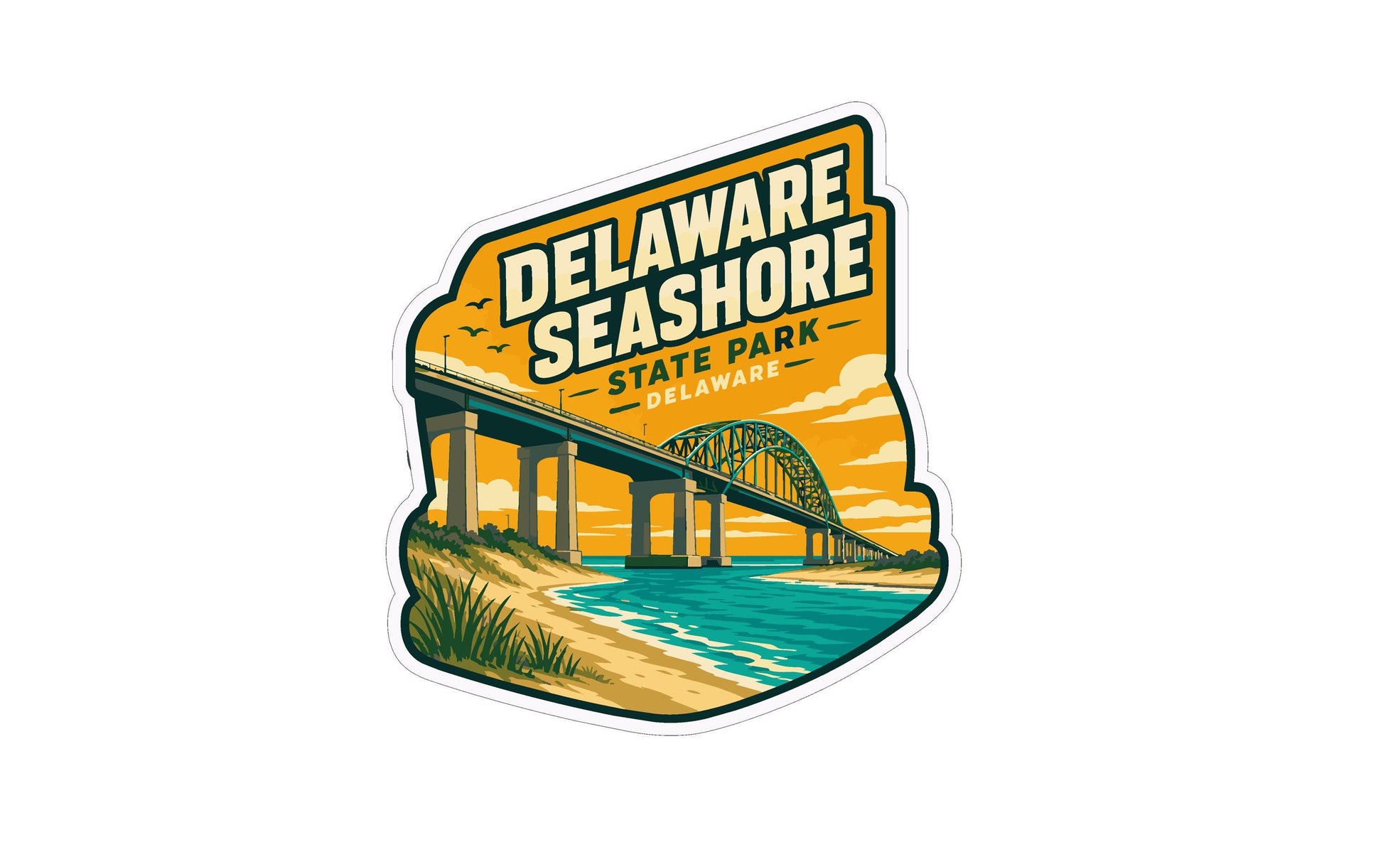 A sticker depicting a bridge over a body of water, with the text "DELAWARE SEASHORE STATE PARK DELAWARE" prominently displayed.