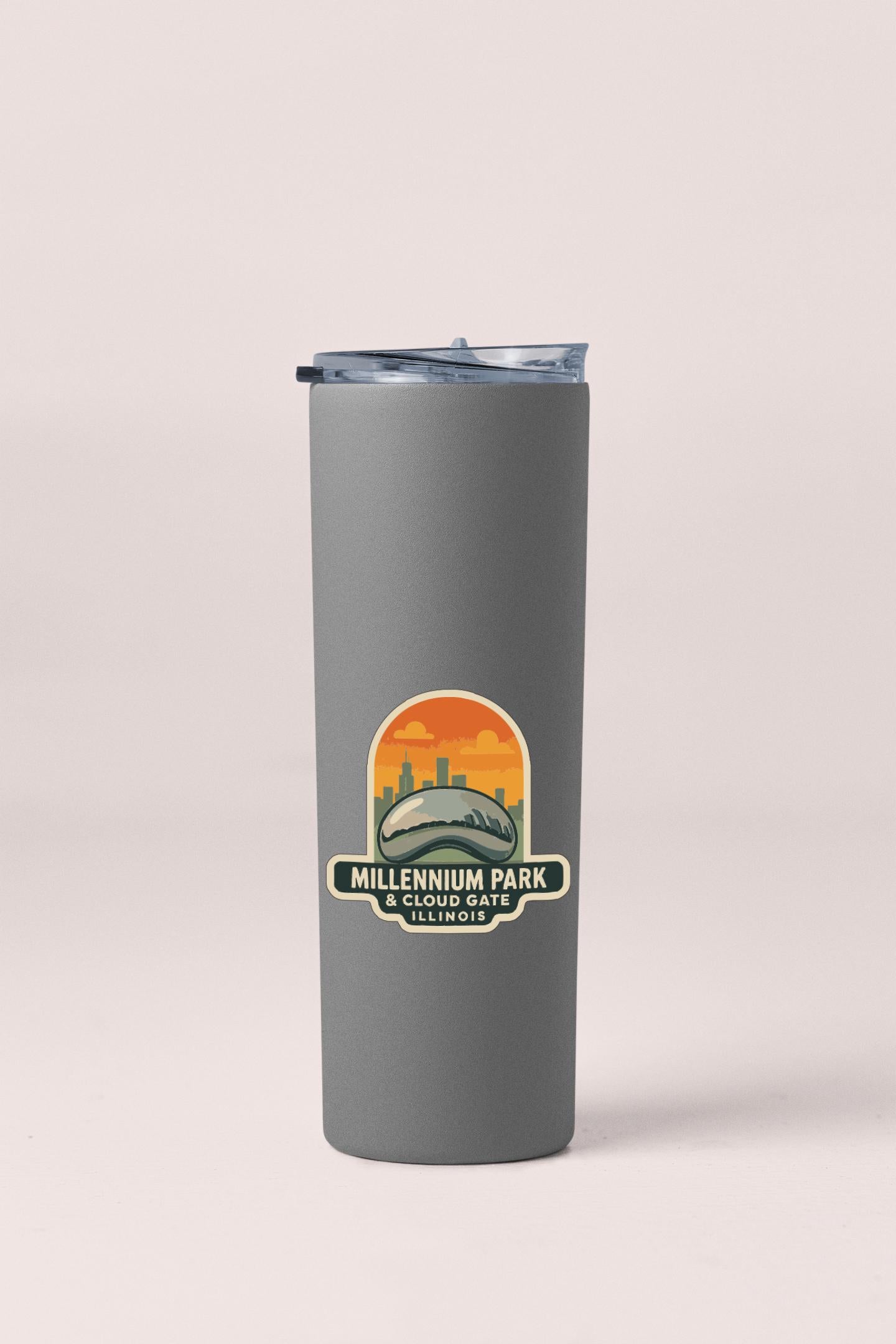 A gray insulated tumbler with a logo that says "Millennium Park & Cloud Gate in Illinois".