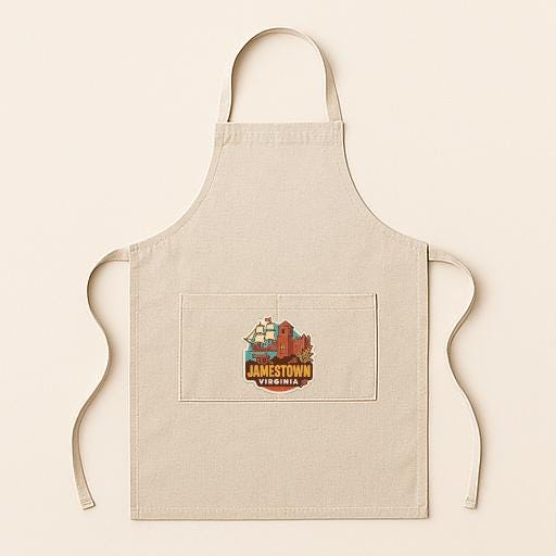 A beige apricot with a graphic of Jamestown, Virginia, printed on it.