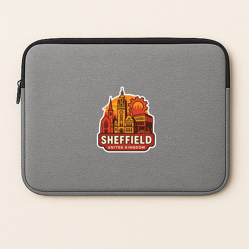 A gray laptop sleeve with a logo of Sheffield, United Kingdom, printed on it.