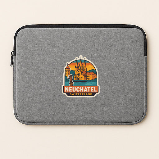 a gray laptop sleeve with a colorful logo of Neuchatel, Switzerland.