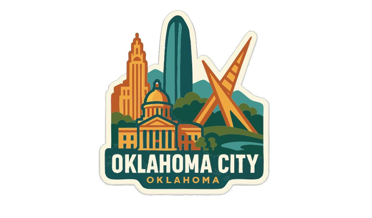 The image is a sticker or emblem featuring the skyline of Oklahoma City, with various landmarks and structures depicted in a stylized manner.