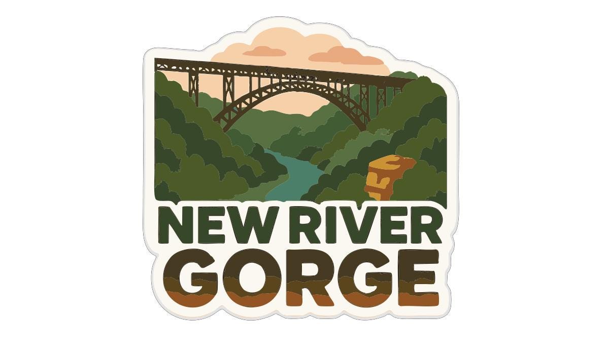 A sticker or logo depicting the New River Gorge, a scenic mountain range in the United States.