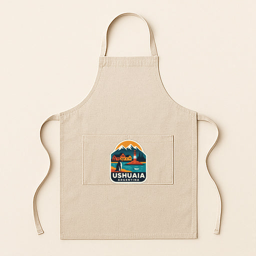 A beige apricot with a graphic design featuring a mountain range and a lighthouse, along with the text "Ushuaia".