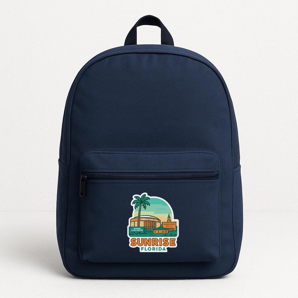 A navy blue backpack with a graphic of a palm tree and a building, along with the text "SUNRISE FLORIDA".