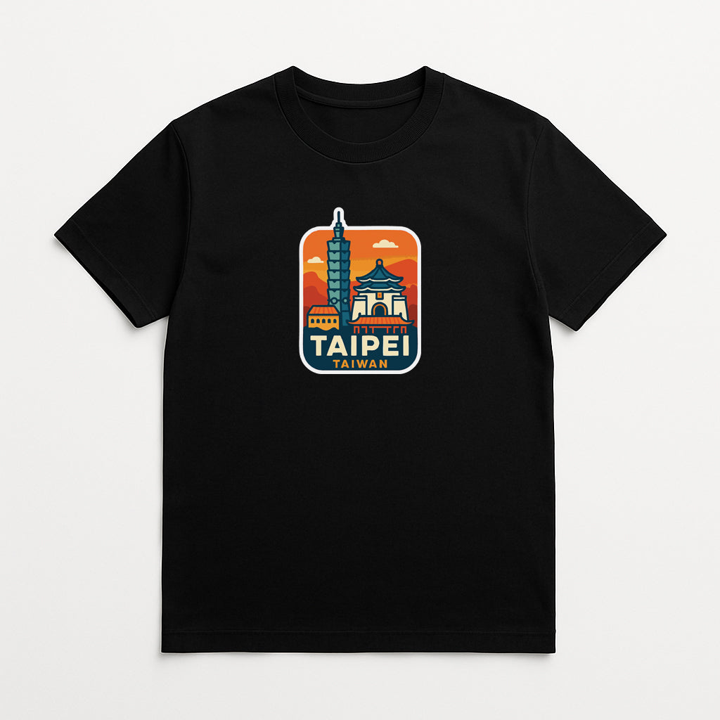 A black t-shirt with a graphic design depicting the Taipei skyline, including the Taipei Tower, surrounded by an orange and blue sunset.