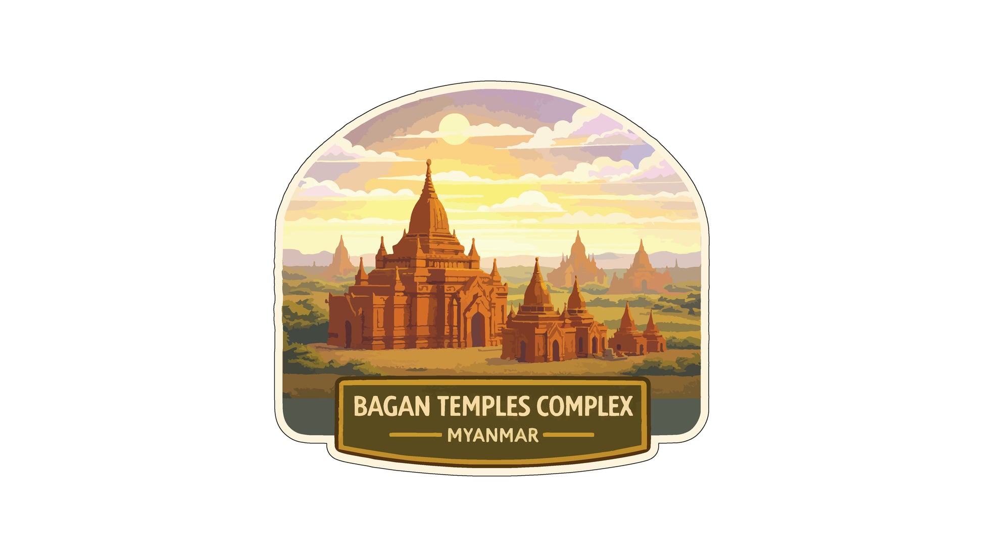 a temple complex in Myanmar, specifically the Bagan Temples Complex, with multiple temples and pagodas set against a colorful sky.