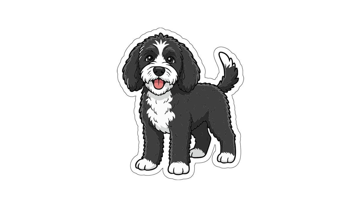 A cartoon illustration of a dog with a black and white color scheme.