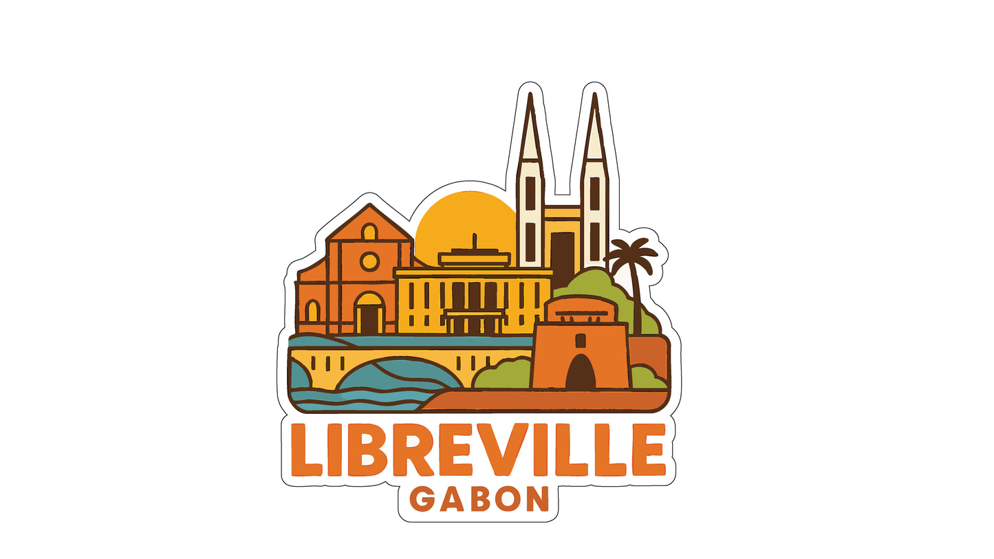 a sticker or logo depicting the city of Libreville, Gabon.