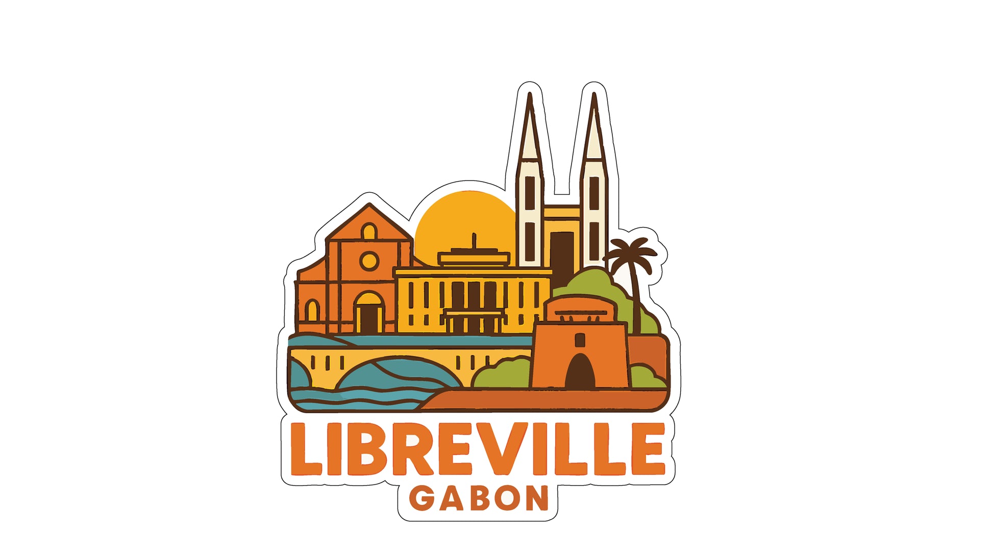 a sticker or logo depicting the city of Libreville, Gabon.
