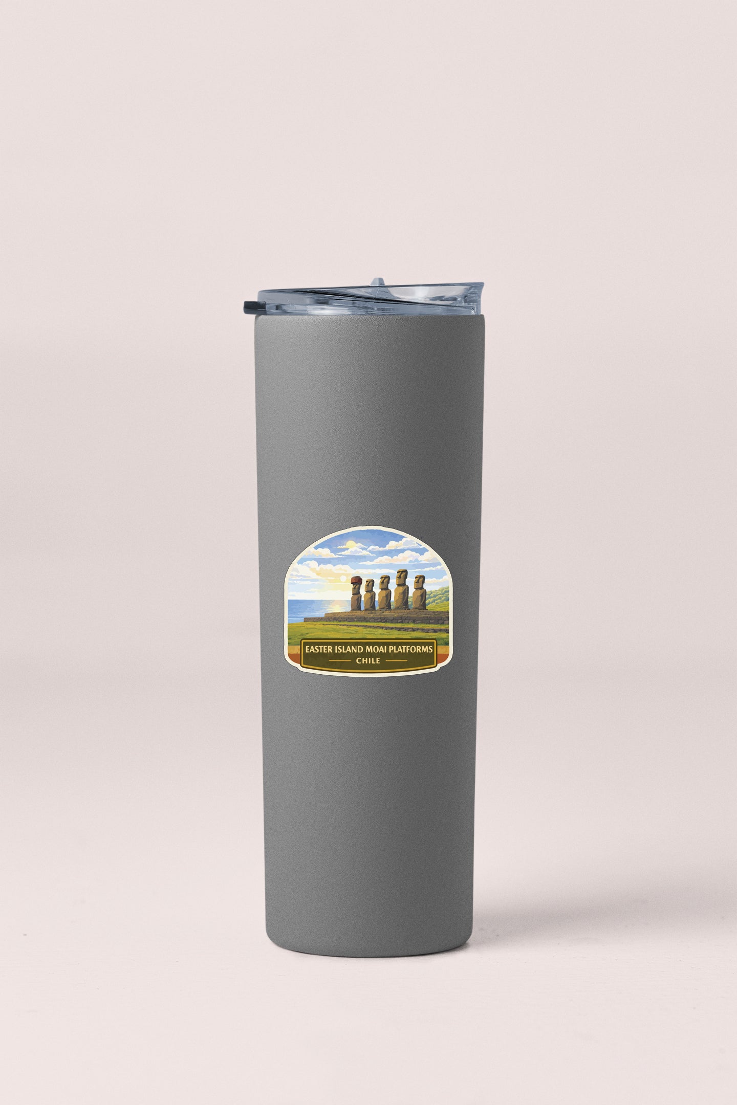 A gray cylindrical container with a lid and a label featuring an illustration of Easter Island and the text "Easter Island Momoplastic Creole".