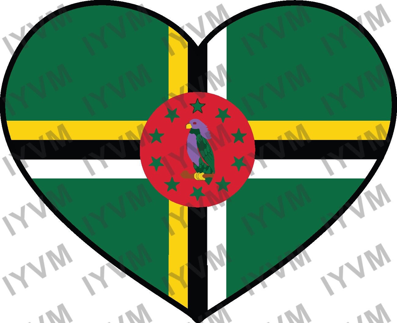 Dominica Flag Heart Sticker Decal / Commonwealth of Dominica / Apres Bondie, C'est La Ter / Roseau