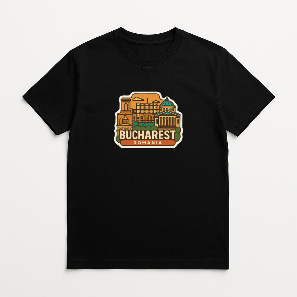 A black t-shirt with a graphic design depicting the city of Bucharest, Romania.