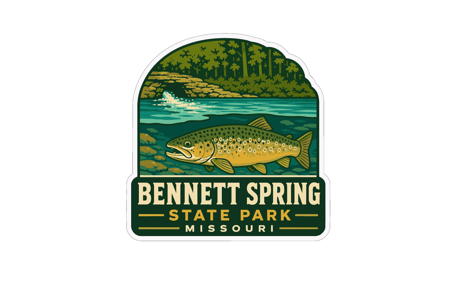 A sticker or emblem featuring a fish swimming in a river, surrounded by a forest and a waterfall, with the text "Bennett Spring State Park, Missouri" below.
