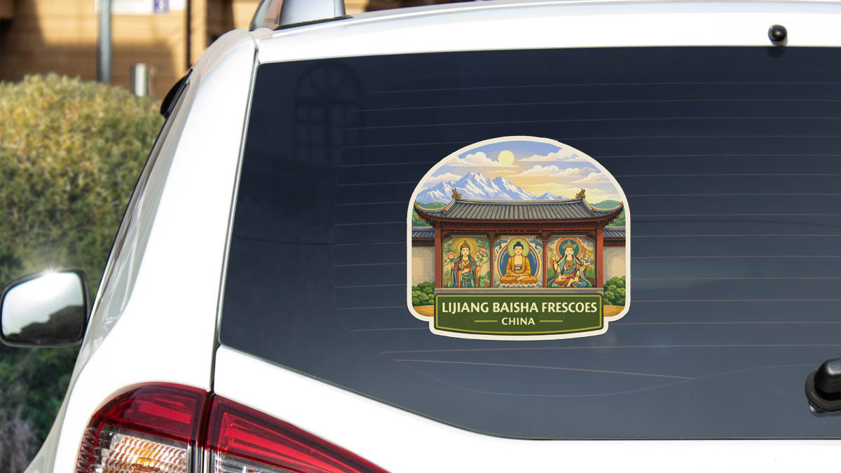 A sticker on the rear window of a car, depicting a traditional Chinese temple with a mountain in the background.