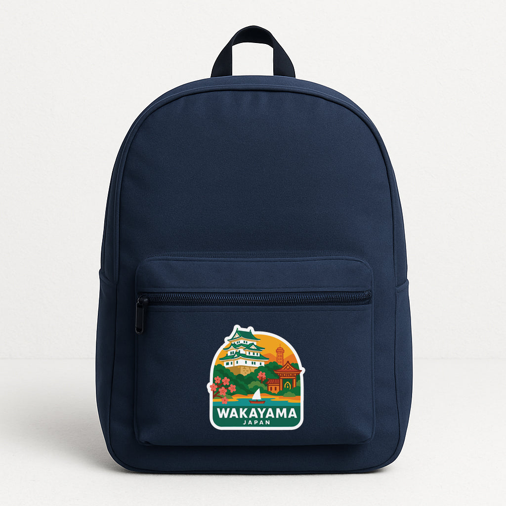 A navy blue backpack with a sticker on the front that says "Wakayama Japan".