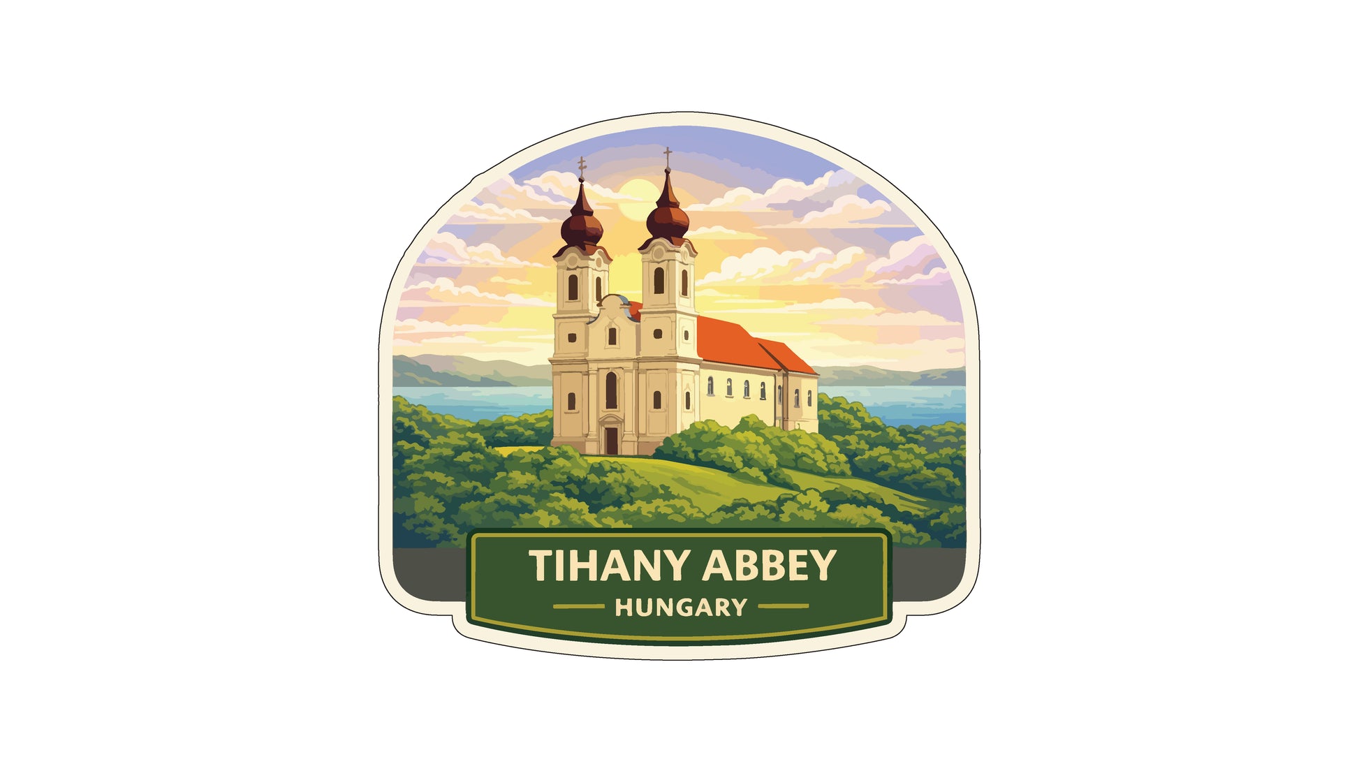 a large church with two towers, set against a picturesque landscape with a sunset and mountains in the background.