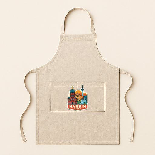 A beige apricot with a colorful graphic of Harbin, a city in China, printed on it.
