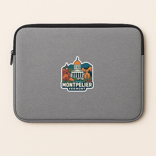 A gray laptop sleeve with a graphic of Montpelier, Vermont, featuring a building and trees.