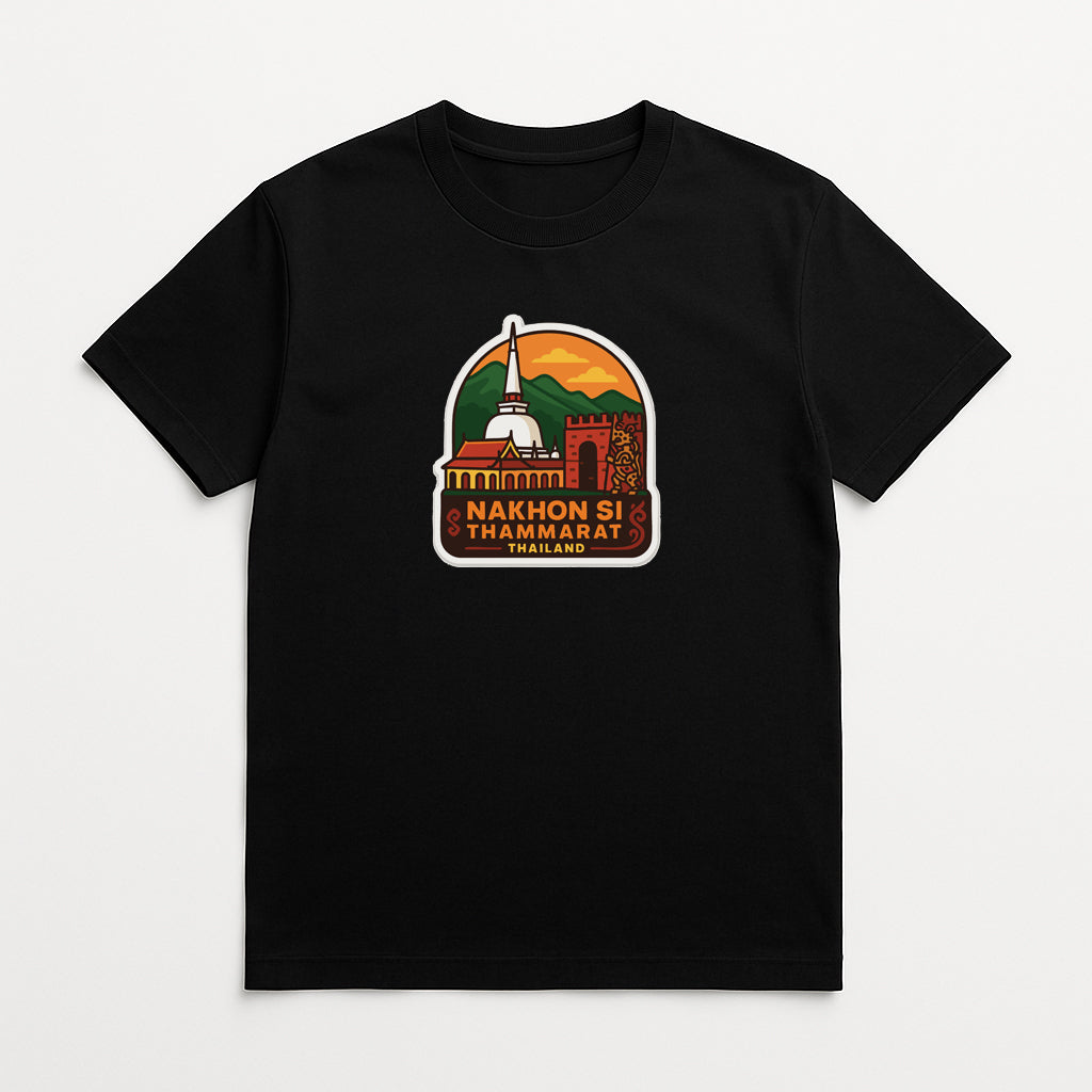 A black t-shirt with a graphic design depicting a temple and mountains, along with text that reads "Nakhon Si Thammarat".