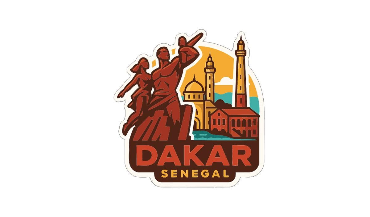 a sticker or logo with a stylized depiction of a city skyline, including a lighthouse, buildings, and two figures. The text "DAKAR SENEGAL" is prominently displayed in the center of the image.