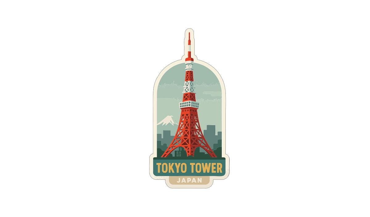 A sticker depicting the Tokyo Tower, a famous landmark in Japan.