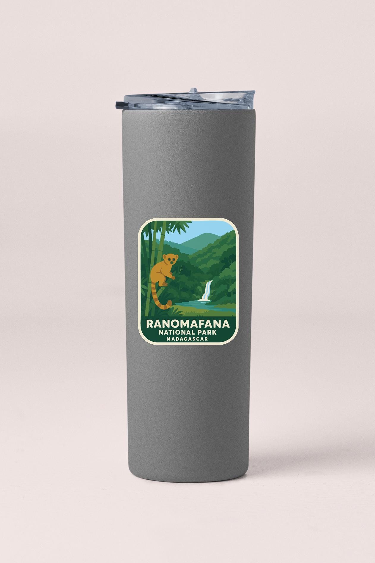A gray tumbler with a label that says "RANOMAFANA NATIONAL PARK MADAGASCAR".