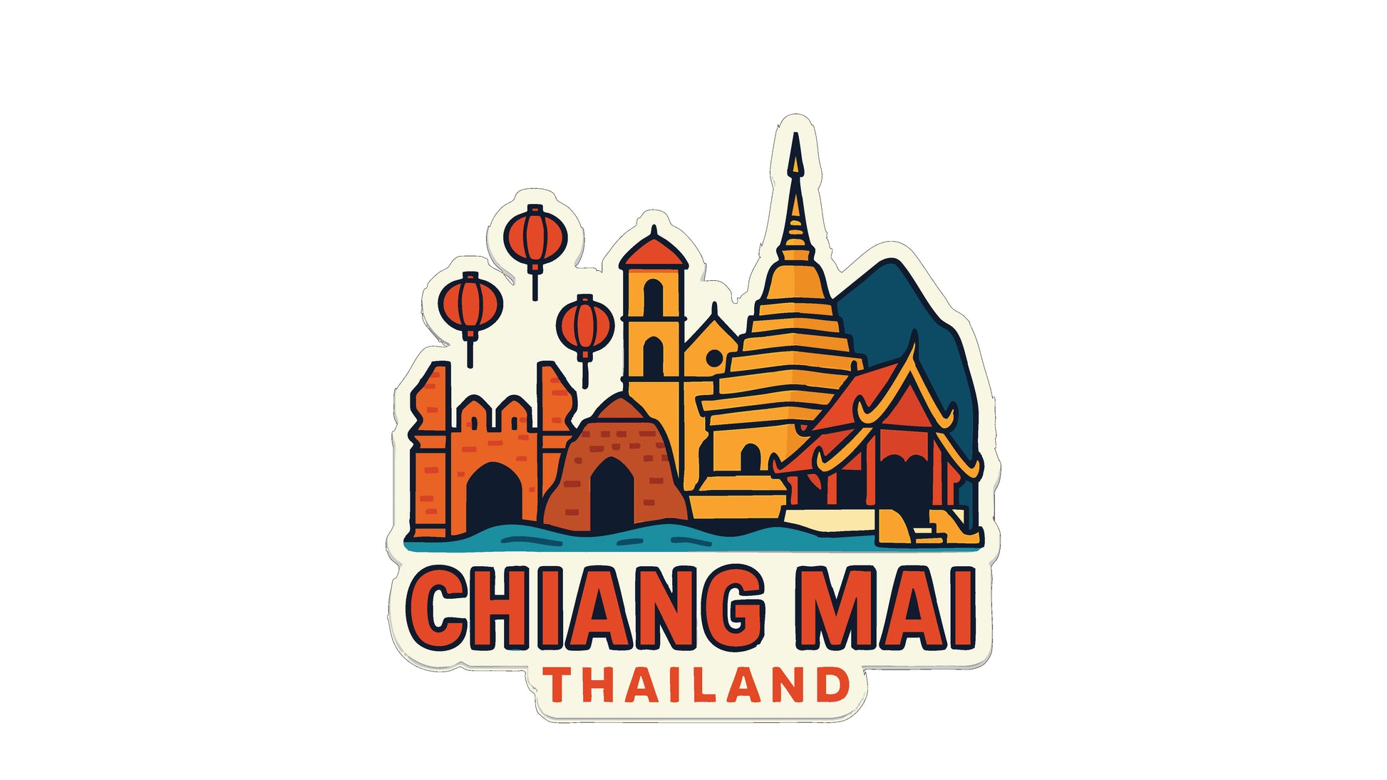 A sticker or illustration depicting the skyline of Chiang Mai, Thailand, with various buildings and landmarks.