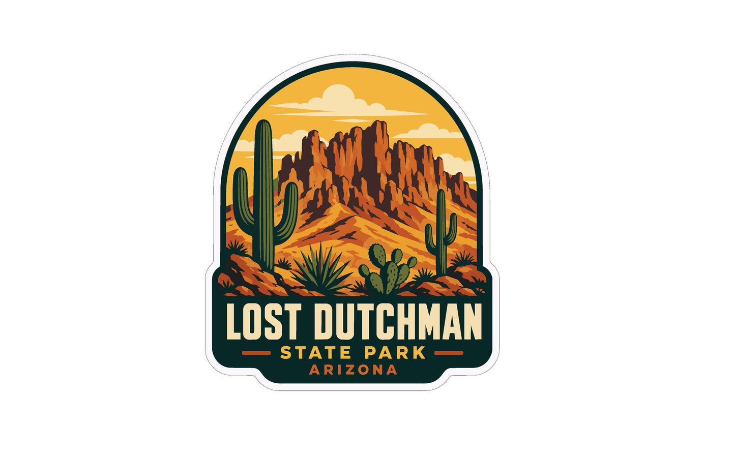 a sticker or label with a desert landscape and mountains in the background, along with the text "LOST DUTCHMAN STATE PARK ARIZONA".