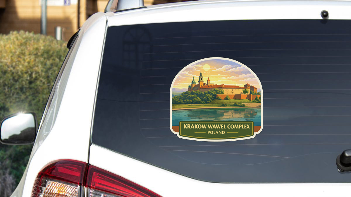 A sticker on the rear window of a car, depicting the Krakow Wawel Complex in Poland.