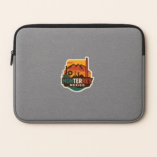 A gray laptop sleeve with a colorful logo of Monterrey, Mexico, printed on it.