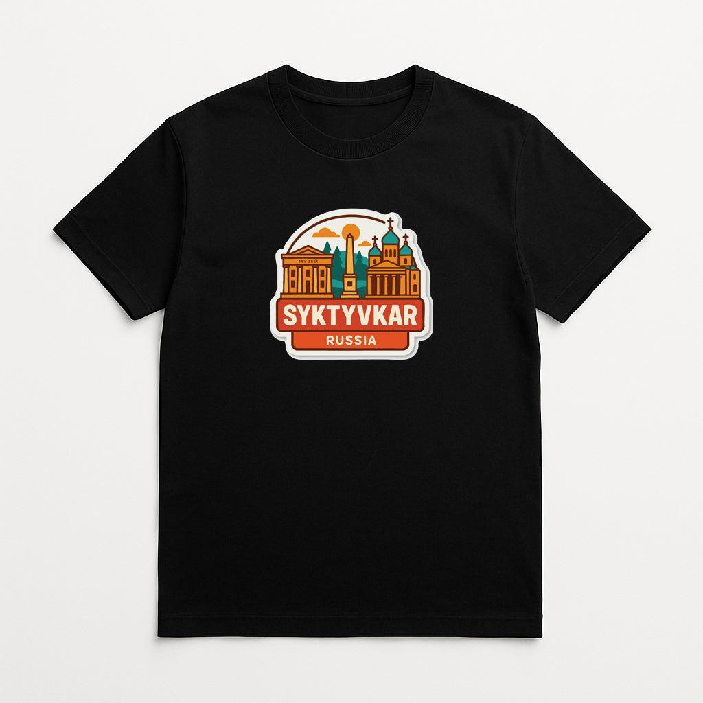 A black t-shirt with a graphic design depicting the city of Syktyvkara, Russia.