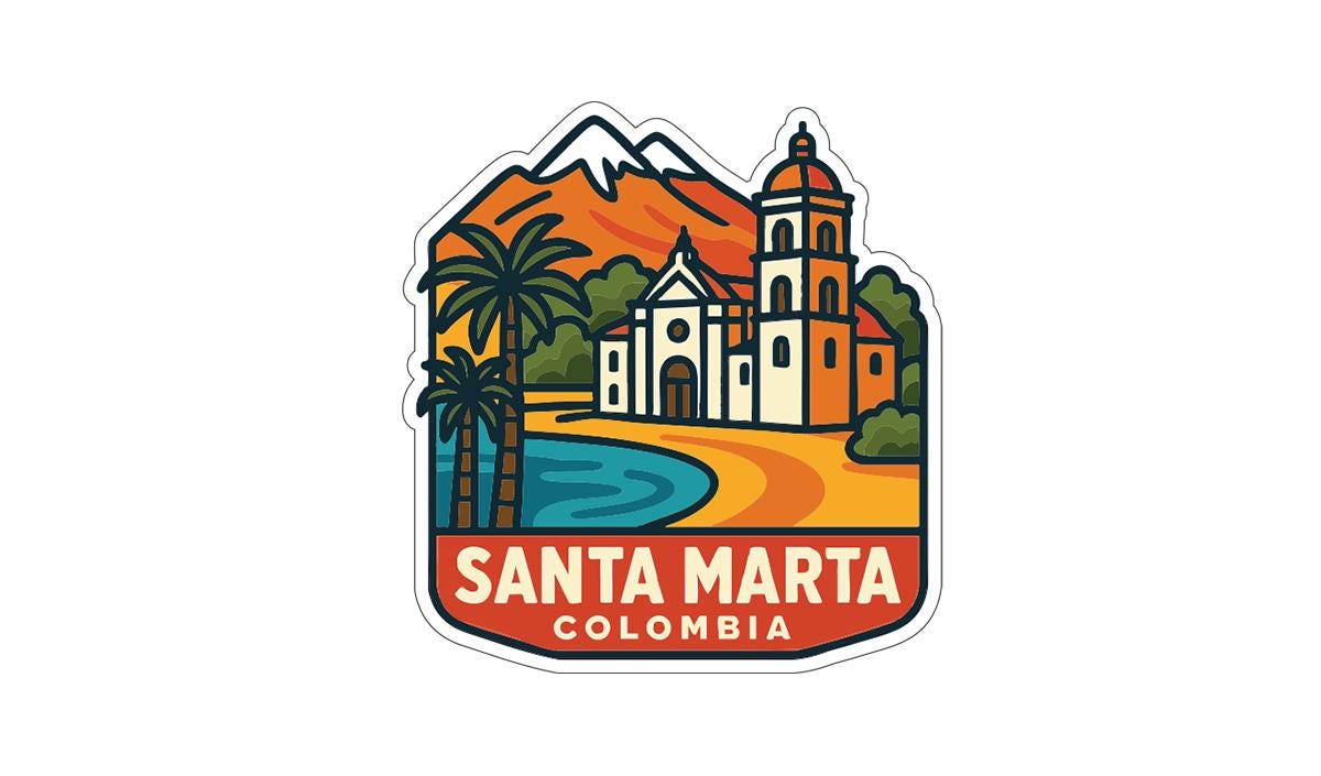 A colorful sticker depicting Santa Marta, Colombia, with a church, palm trees, and a mountain in the background.