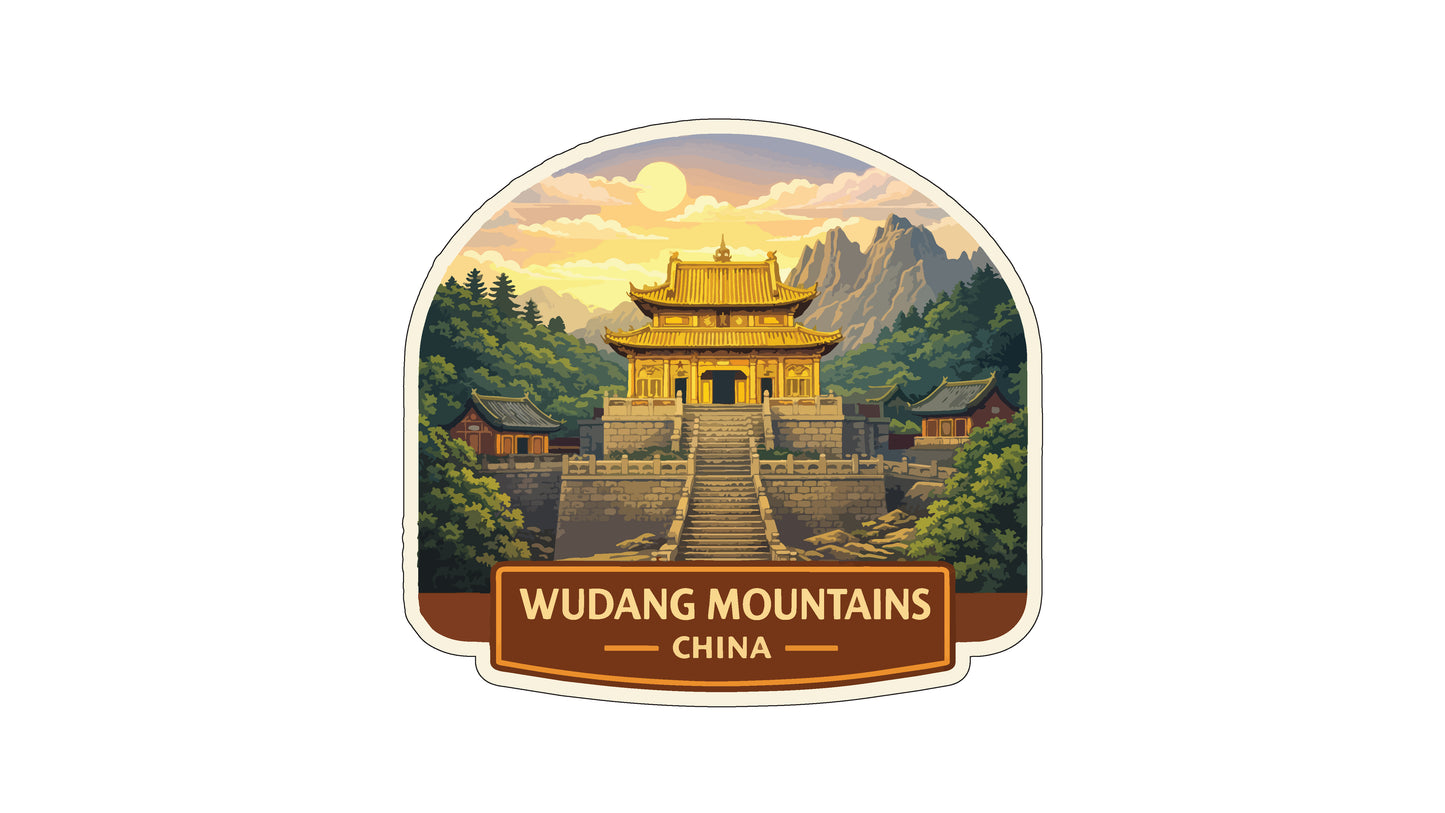 A sticker or label depicting a traditional Chinese temple surrounded by mountains and trees, with a sunset sky in the background.