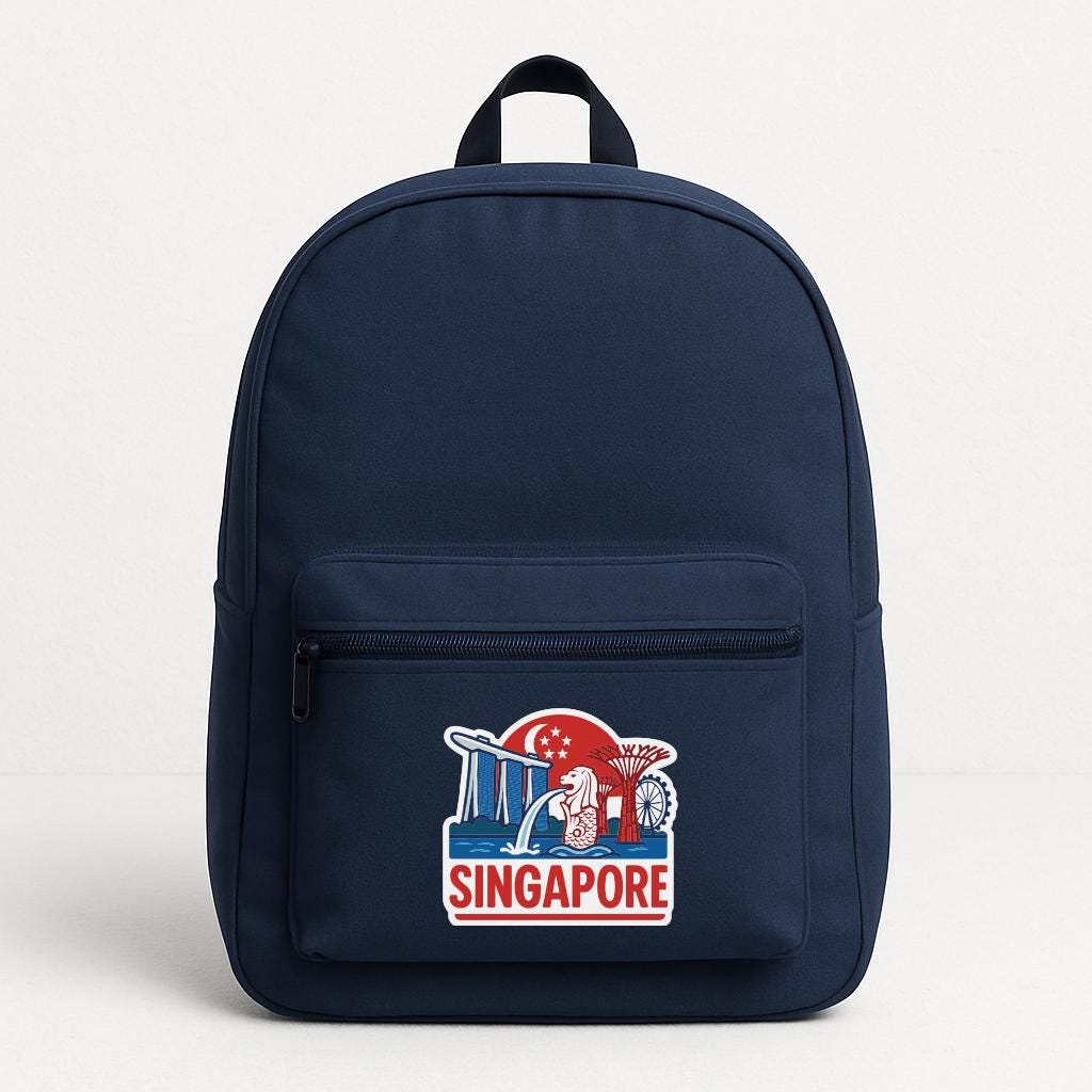 A navy blue backpack with a Singapore logo and a graphic of the Singapore Flyer, a famous landmark, printed on it.