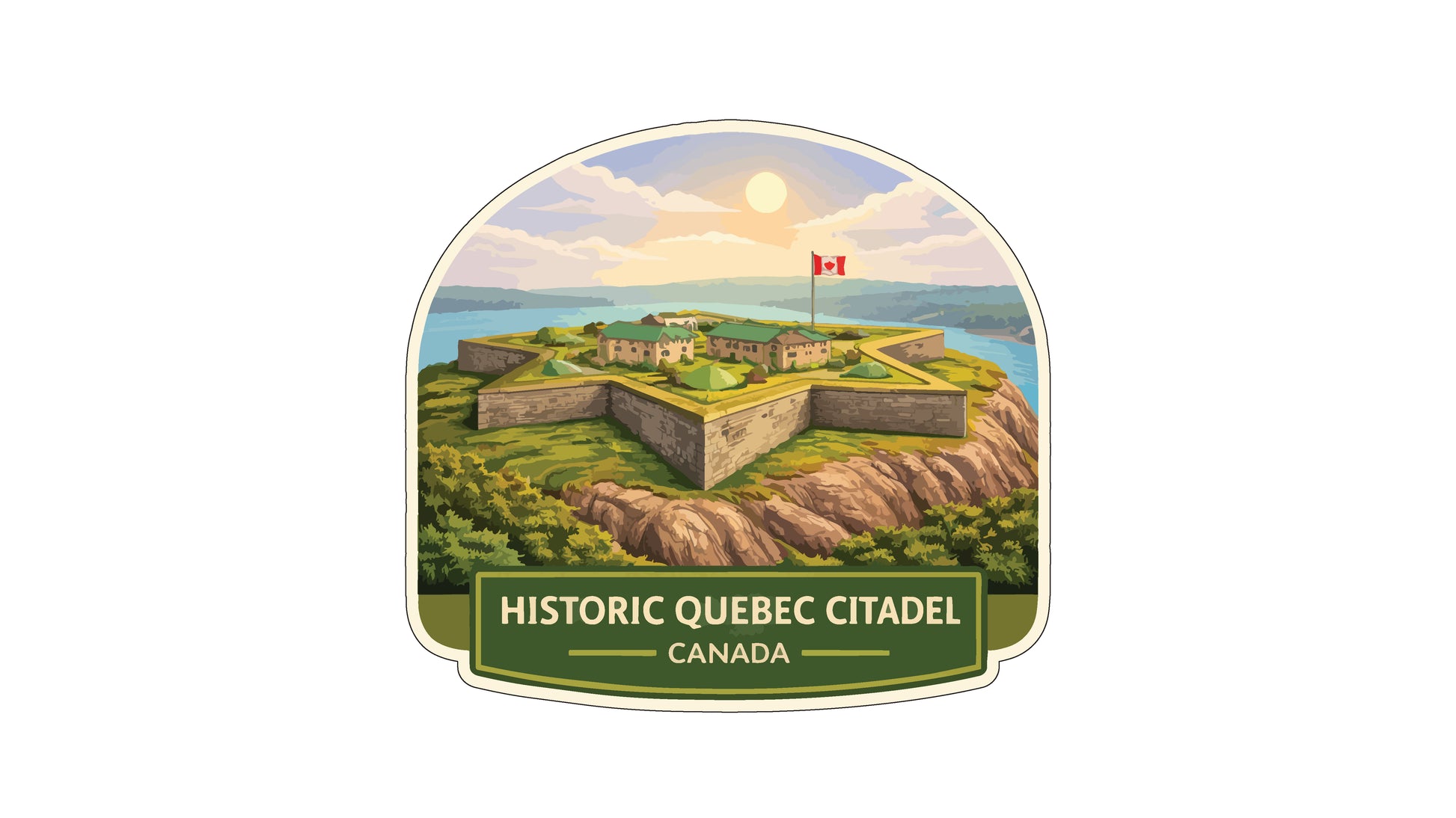 a sticker or label with a castle on a hill, surrounded by a scenic landscape with a body of water and a bright sun in the sky.