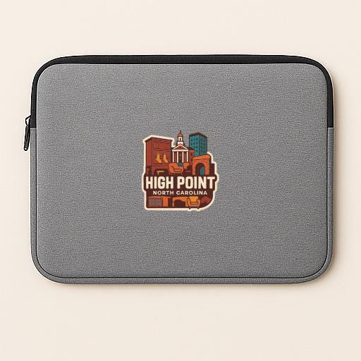A gray laptop sleeve with a logo of High Point, North Carolina.