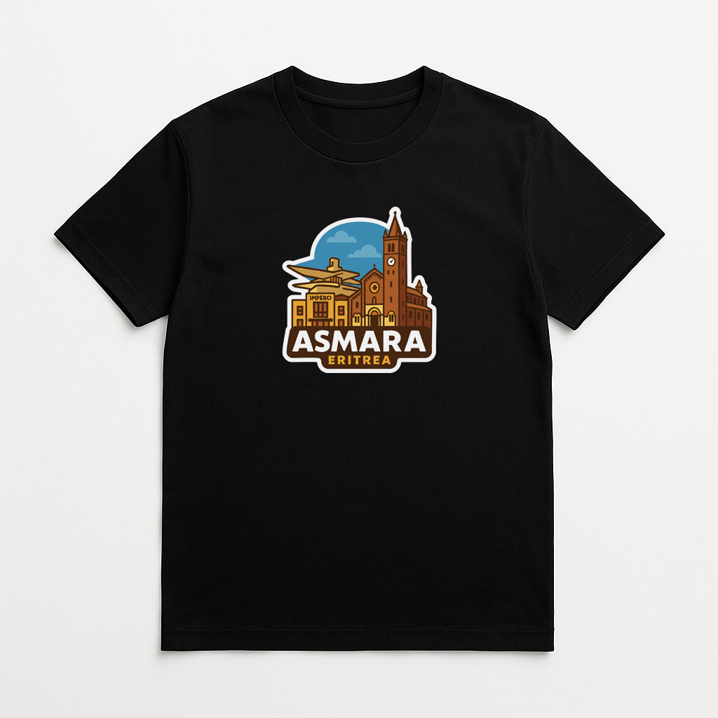 A black t-shirt with a graphic design depicting a city skyline and the text "ASMARA ERITREA" printed on it.