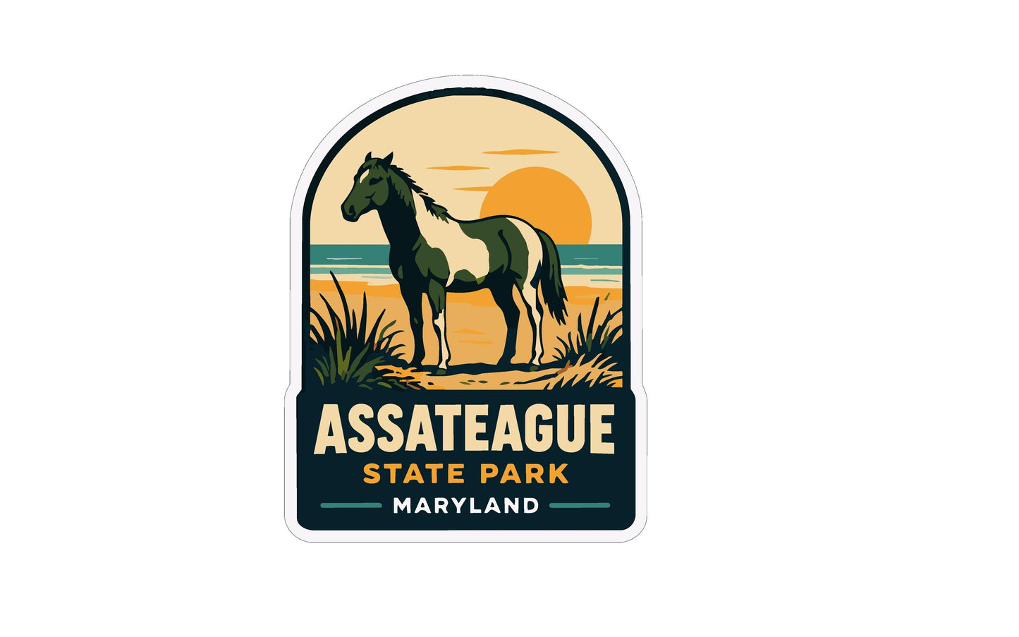 a sticker with a horse and a sunset in the background, depicting a scenic landscape.