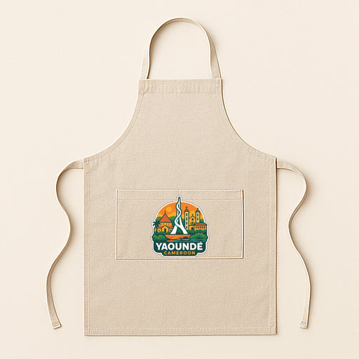 A beige apricot with a graphic design on the front pocket, featuring a cityscape and the text "Yaounde".