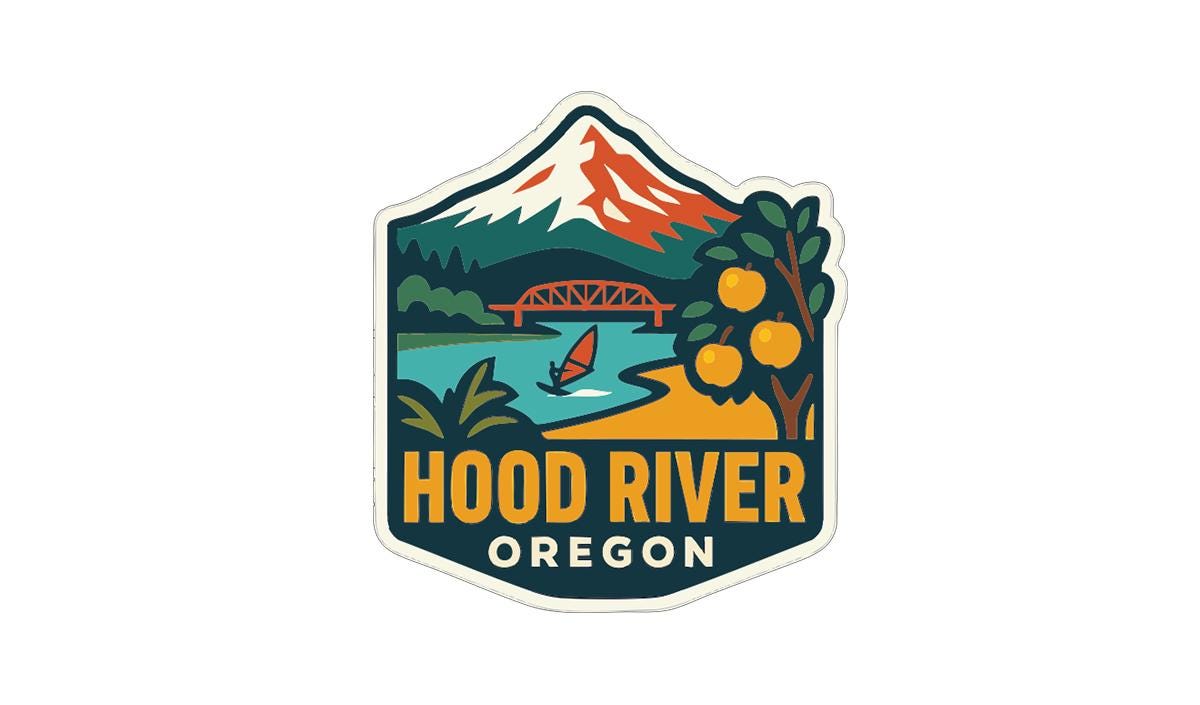 A colorful sticker or emblem featuring a mountain, bridge, and various natural elements, with the text "HOOD RIVER OREGON" prominently displayed.