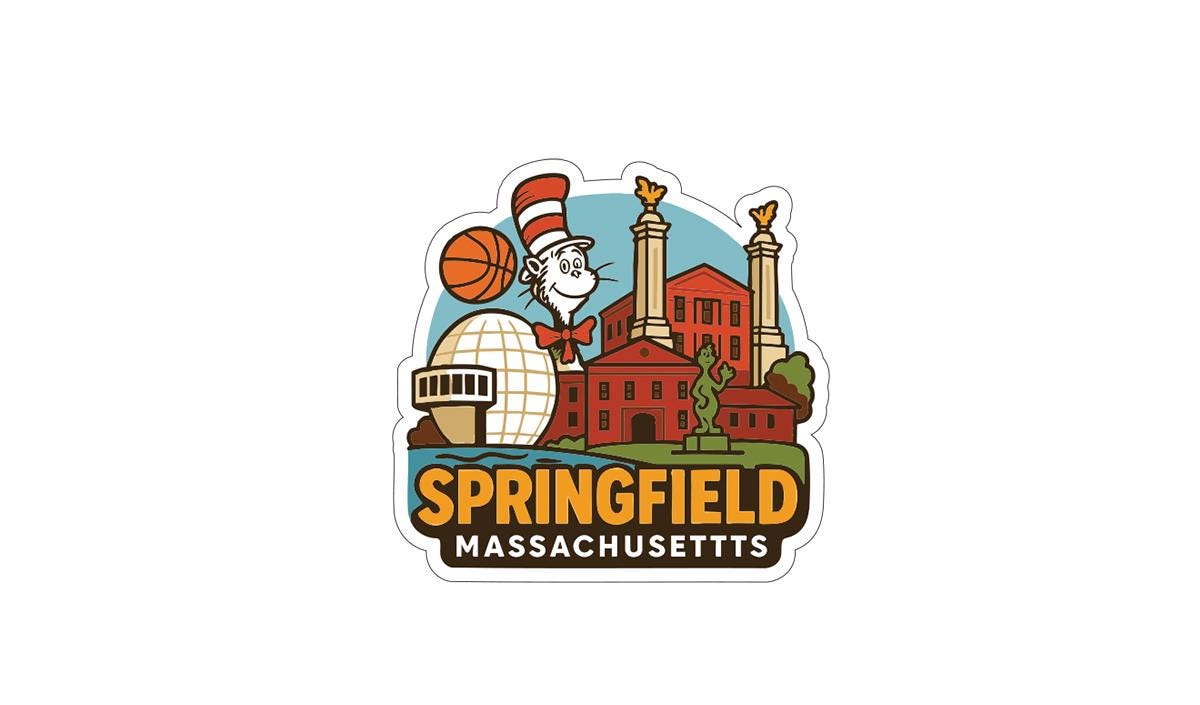 A sticker or logo featuring the iconic landmarks and symbols of Springfield, Massachusetts.