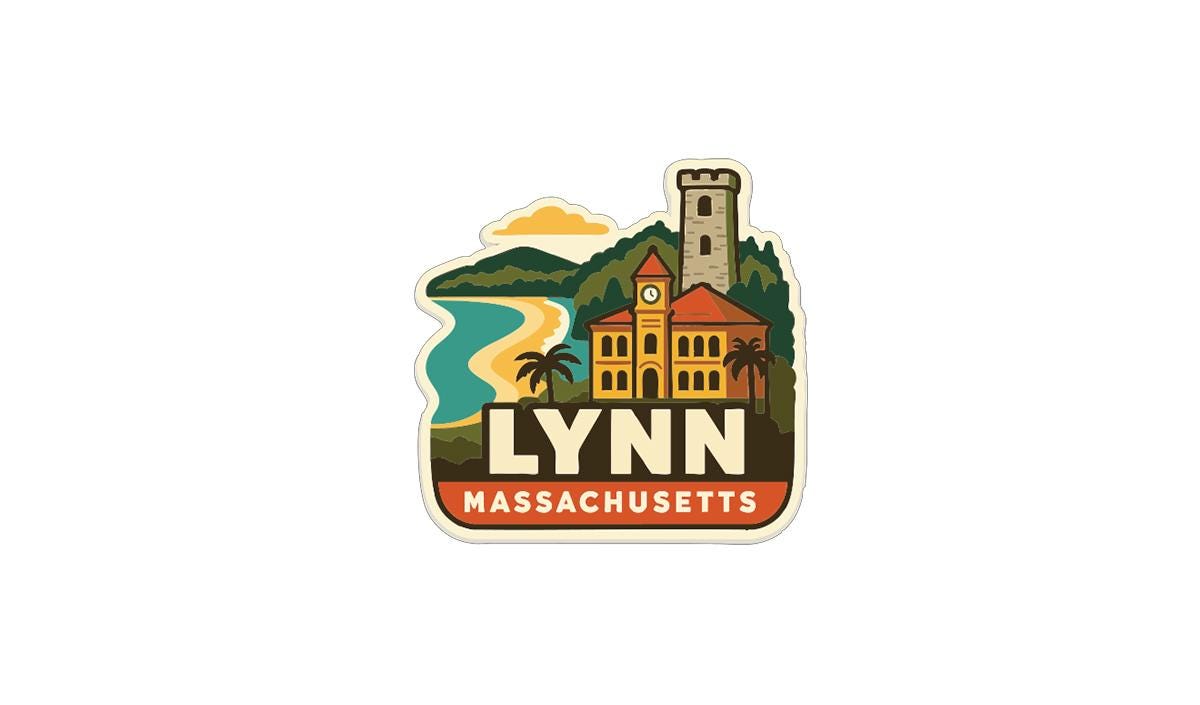 A stylized sticker or logo depicting a coastal town with a clock tower, palm trees, and a beach, with the text "LYNN MASSACHUSETTS" prominently displayed.