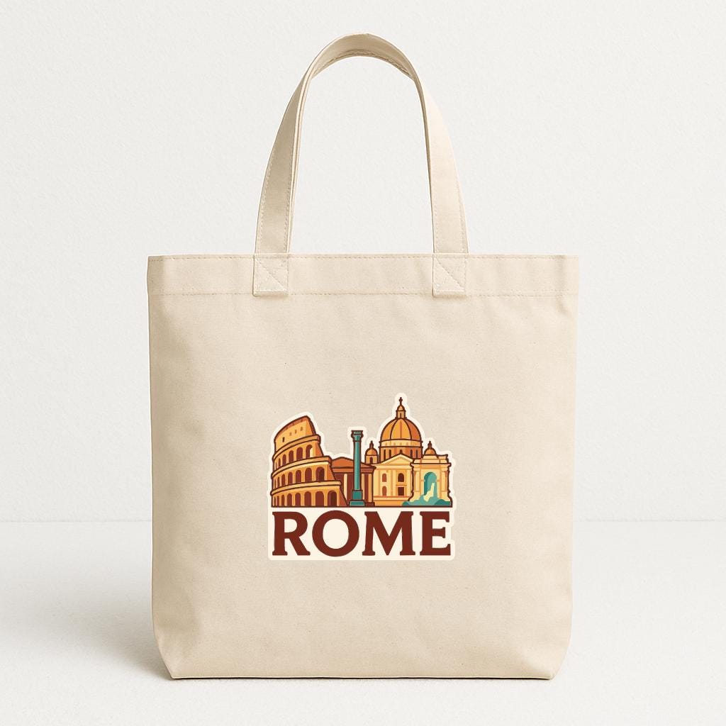 A beige tote bag with a graphic design depicting the Colosseum and the word "ROME" printed on it.