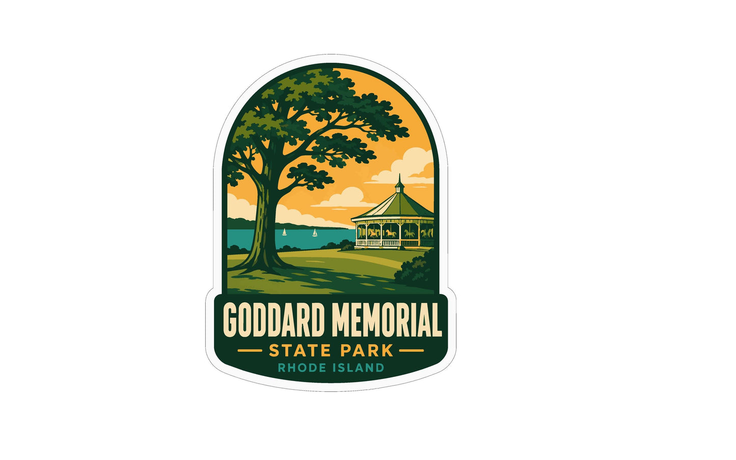 A sticker or emblem featuring a tree, a gazebo, and a body of water, with the text "Goddard Memorial State Park Rhode Island" prominently displayed.